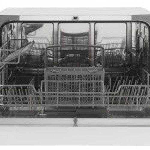 Open countertop dishwasher with stainless steel interior racks and six place settings in kitchen appliances collection