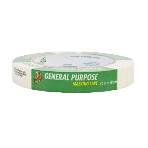 Roll of cream-colored general purpose masking tape with green label for home improvement and painting supplies