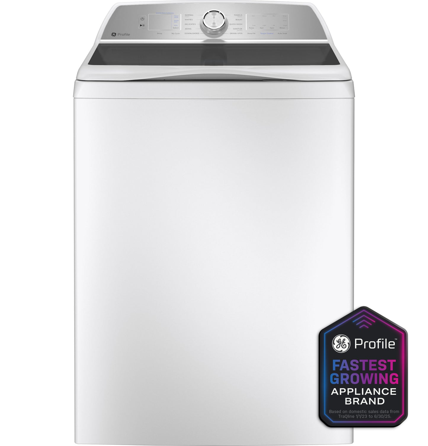White top-load washer with digital control panel and silver dial, part of Washers & Appliances collections