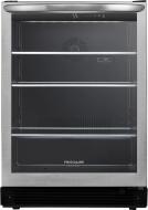 Front view of a stainless steel beverage cooler with tinted glass door and adjustable shelving, designed for kitchen and appliance collections.
