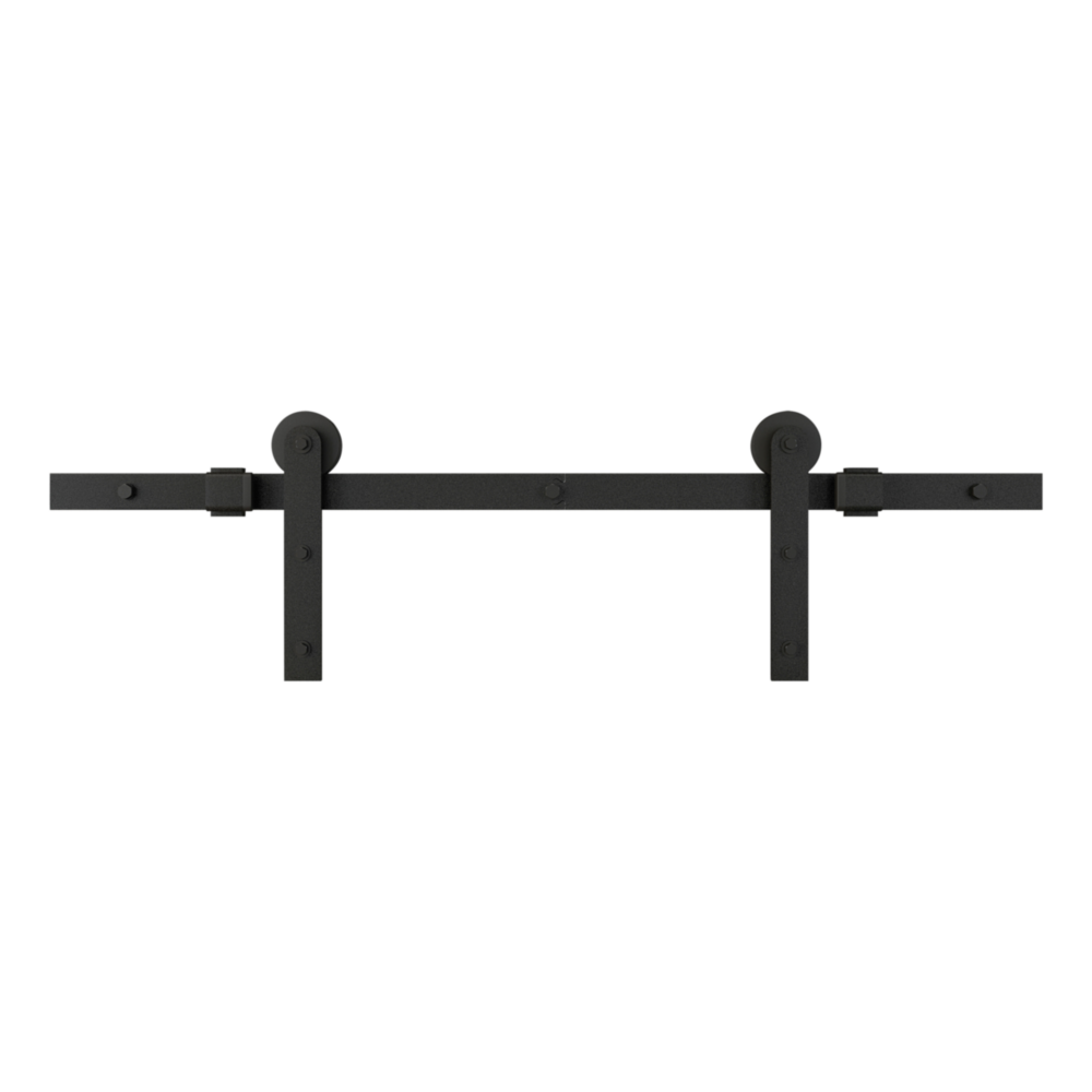 Matte black two-piece interior barn door hardware kit with rollers for home improvement and door knob hardware projects