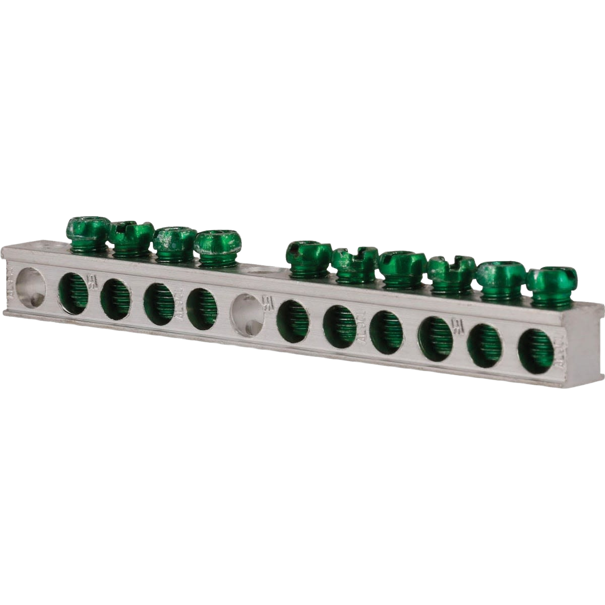 Aluminum ground bar with ten terminals and green screws for electrical grounding in home improvement projects