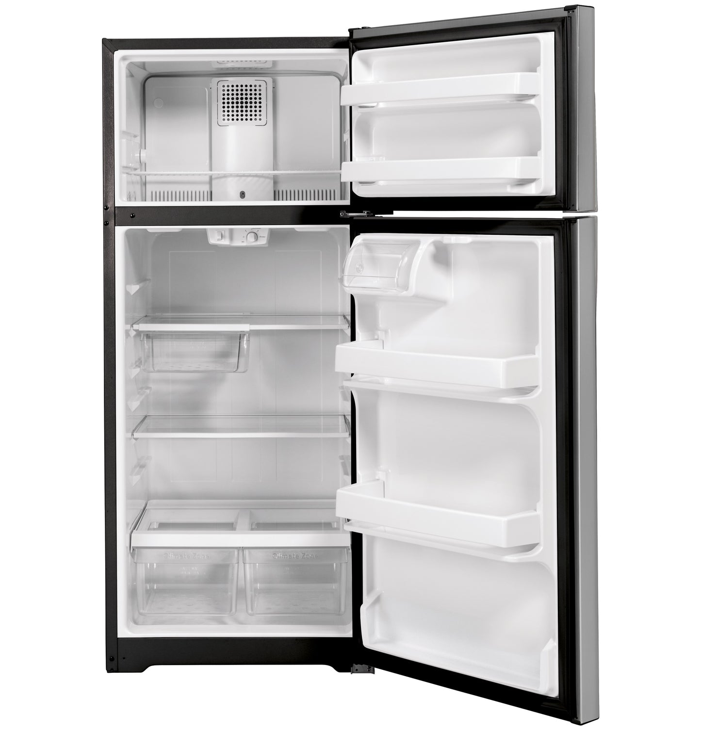 Black ENERGY STAR top-freezer refrigerator open to show adjustable shelves, crispers, and door storage in appliance collections