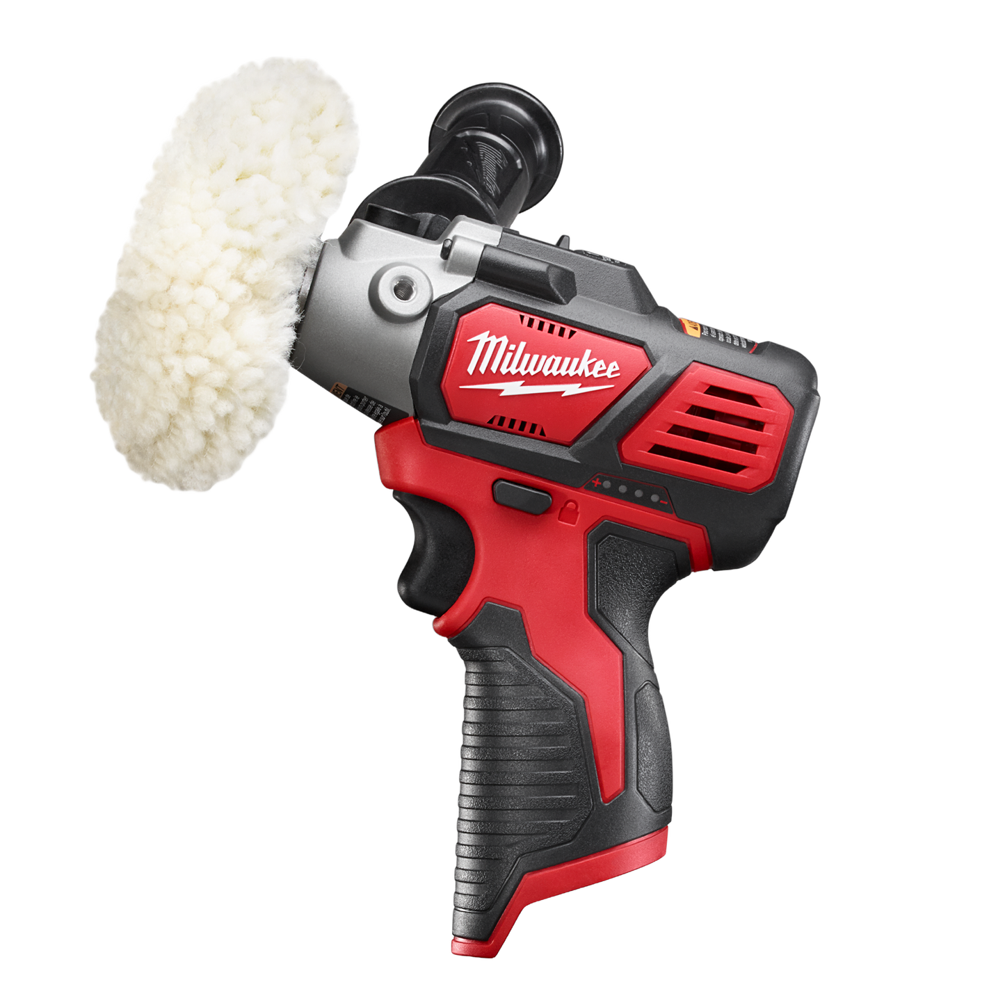 Compact red and black cordless polisher with soft wool buffing pad for woodworking and home improvement tasks