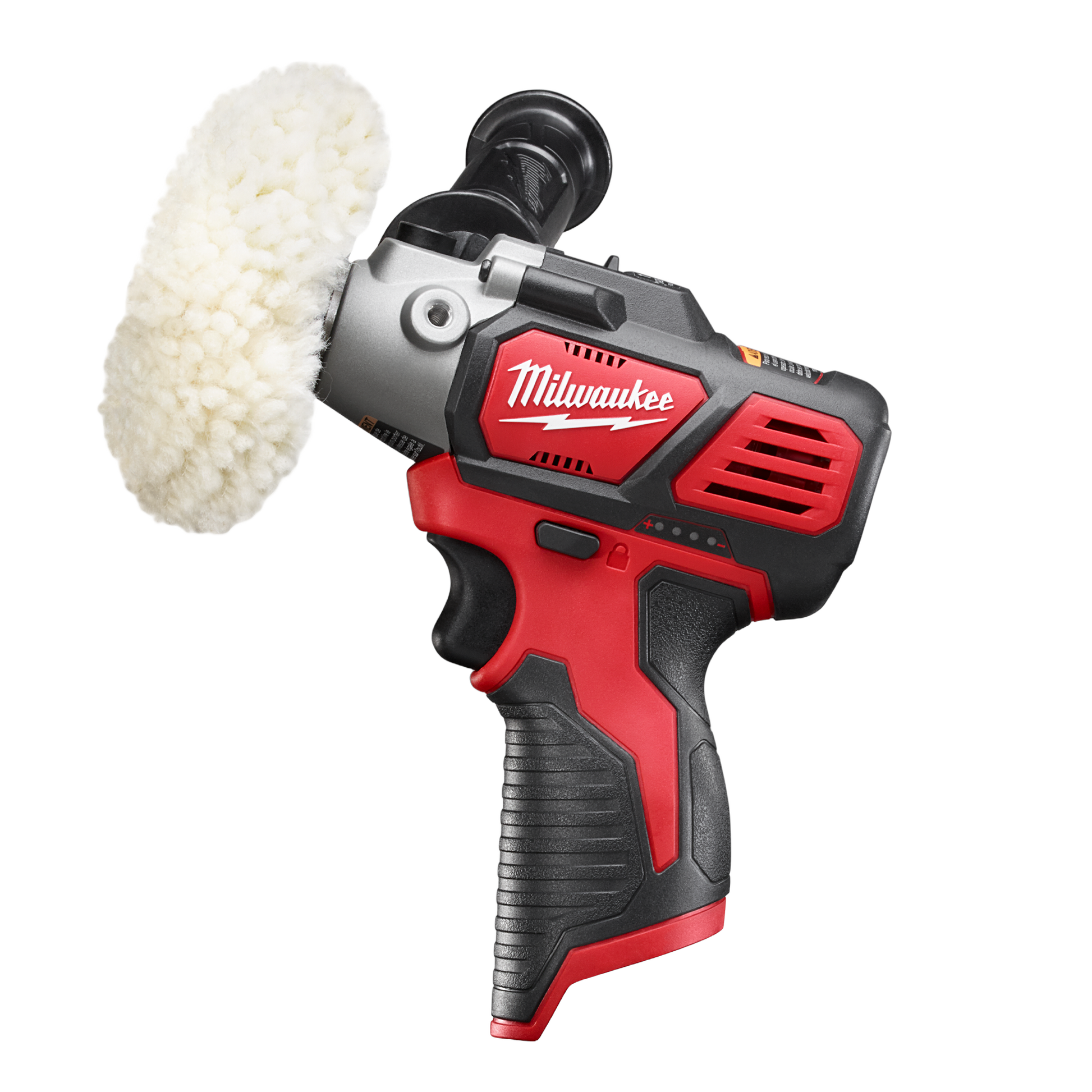 Compact red and black cordless polisher with soft wool buffing pad for woodworking and home improvement tasks