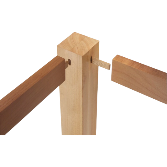 Beech hardwood Domino tenon joining two wood pieces showing woodworking tool accessories use.