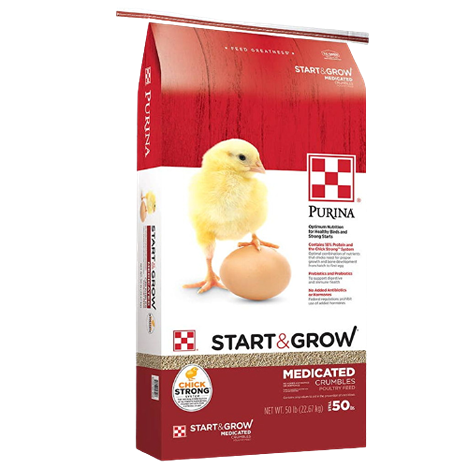 Red and white bag of Purina Start & Grow medicated poultry feed featuring a chick and an egg on the front