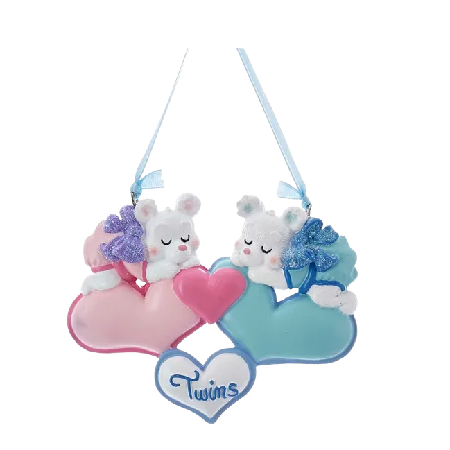 Personalized twin boy and girl bear ornament with hearts, ideal for Christmas tree decorations under $50 and $100 collections