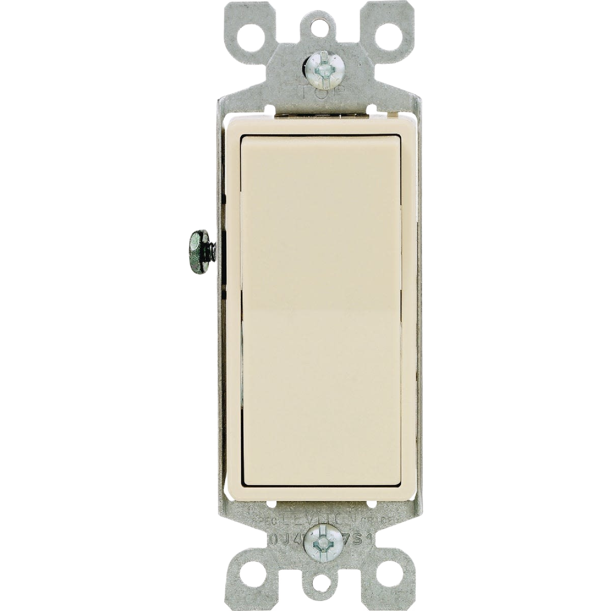 Ivory-colored residential rocker switch with metal mounting frame for single pole electrical installations in home improvement projects