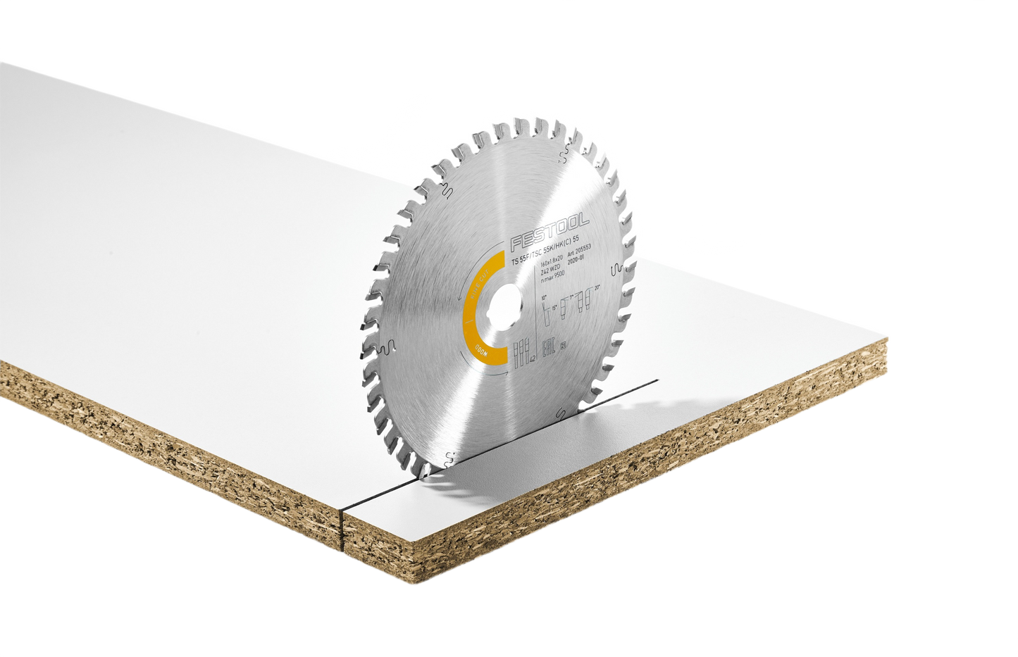 Fine-grain carbide saw blade cutting through laminated wood panel for woodworking and power tool accessories use