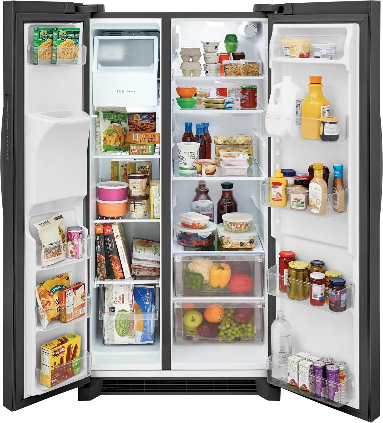 Open side-by-side refrigerator with organized food and beverage storage from appliances and kitchenware collection