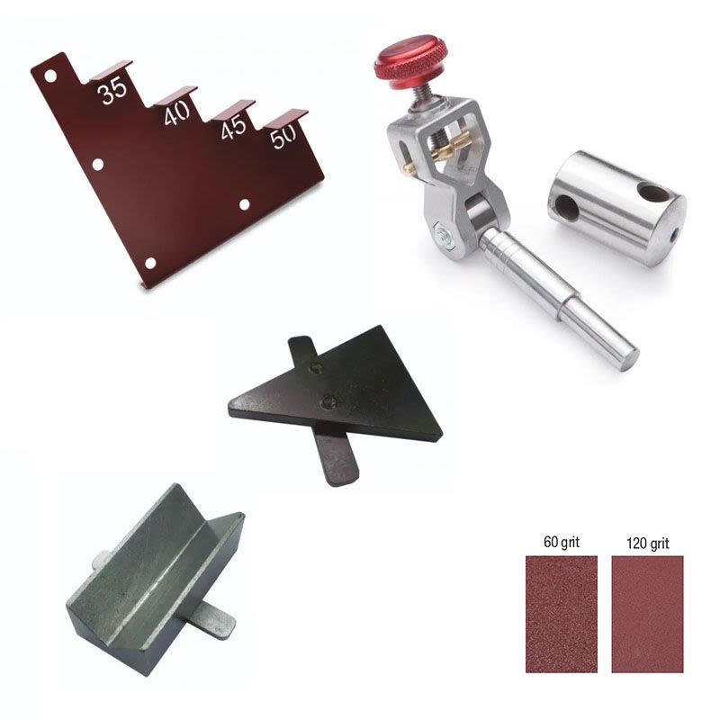 Sharpening accessory kit parts including angle gauge, fixture, jig components, and abrasive pads for woodworking tools collection
