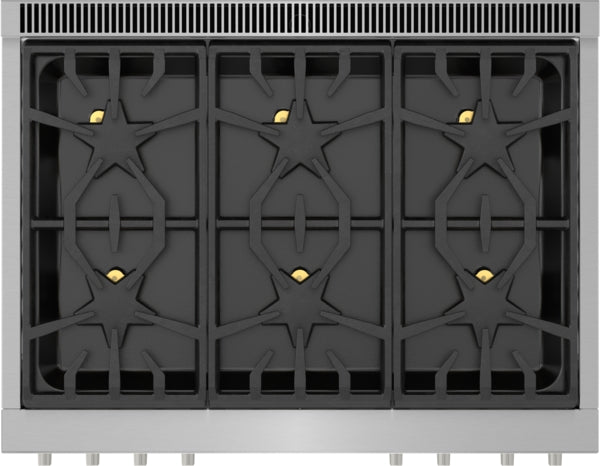top view of stainless steel dual fuel range cooktop featuring six Star Burners and sturdy black grates from Thermador collection