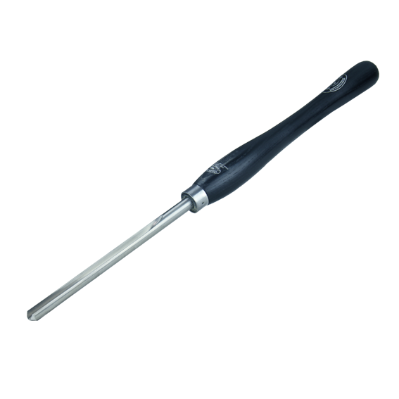 Woodturning bowl gouge with polished steel blade and ergonomic dark wood handle for precise woodworking tasks