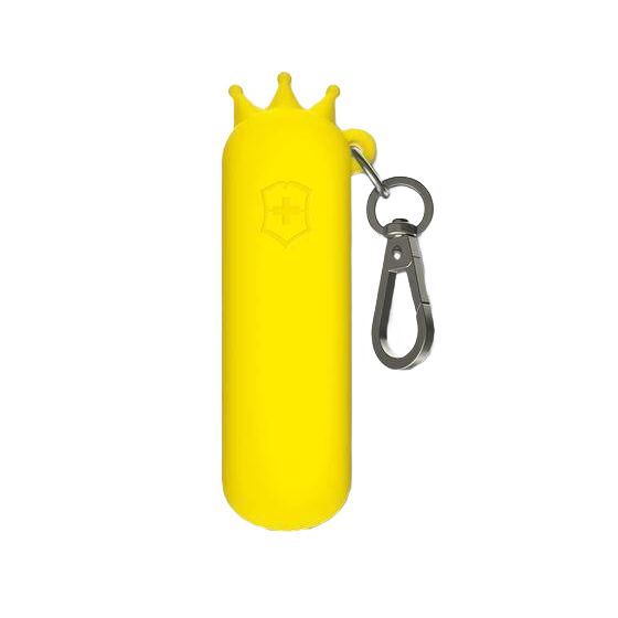 Yellow silicone protective case with crown detail and metal clip for attaching to keys or gear in home improvement tasks