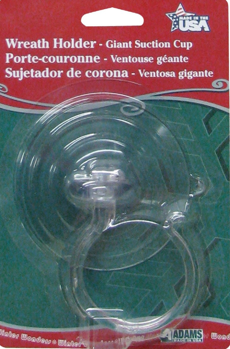 Clear suction cup wreath holder with plastic hook for secure hanging in home improvement applications