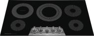 36-inch black electric cooktop with five burners, sleek glass surface, and stainless steel control knobs in kitchen appliances collection