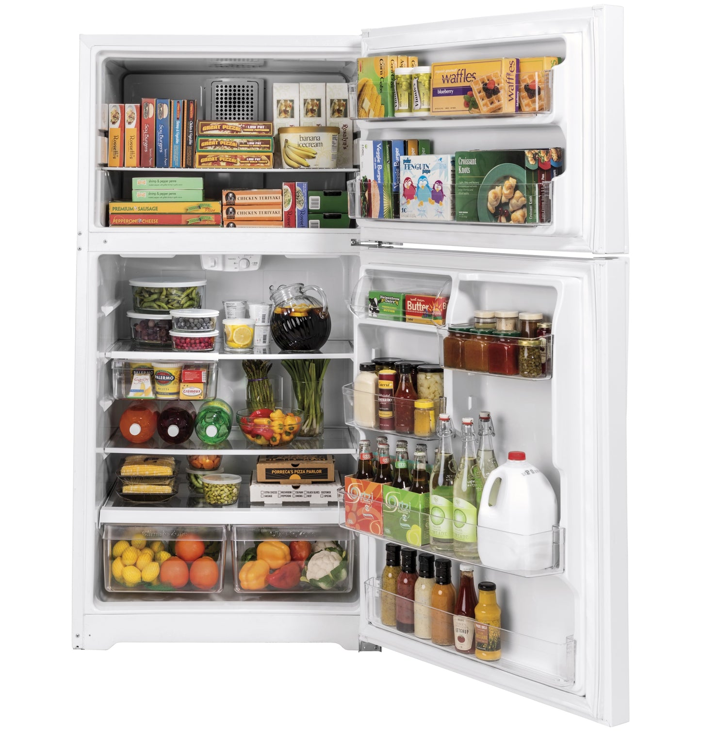Open white top-freezer refrigerator stocked with groceries for Refrigerators and Kitchen & Kitchenware collections
