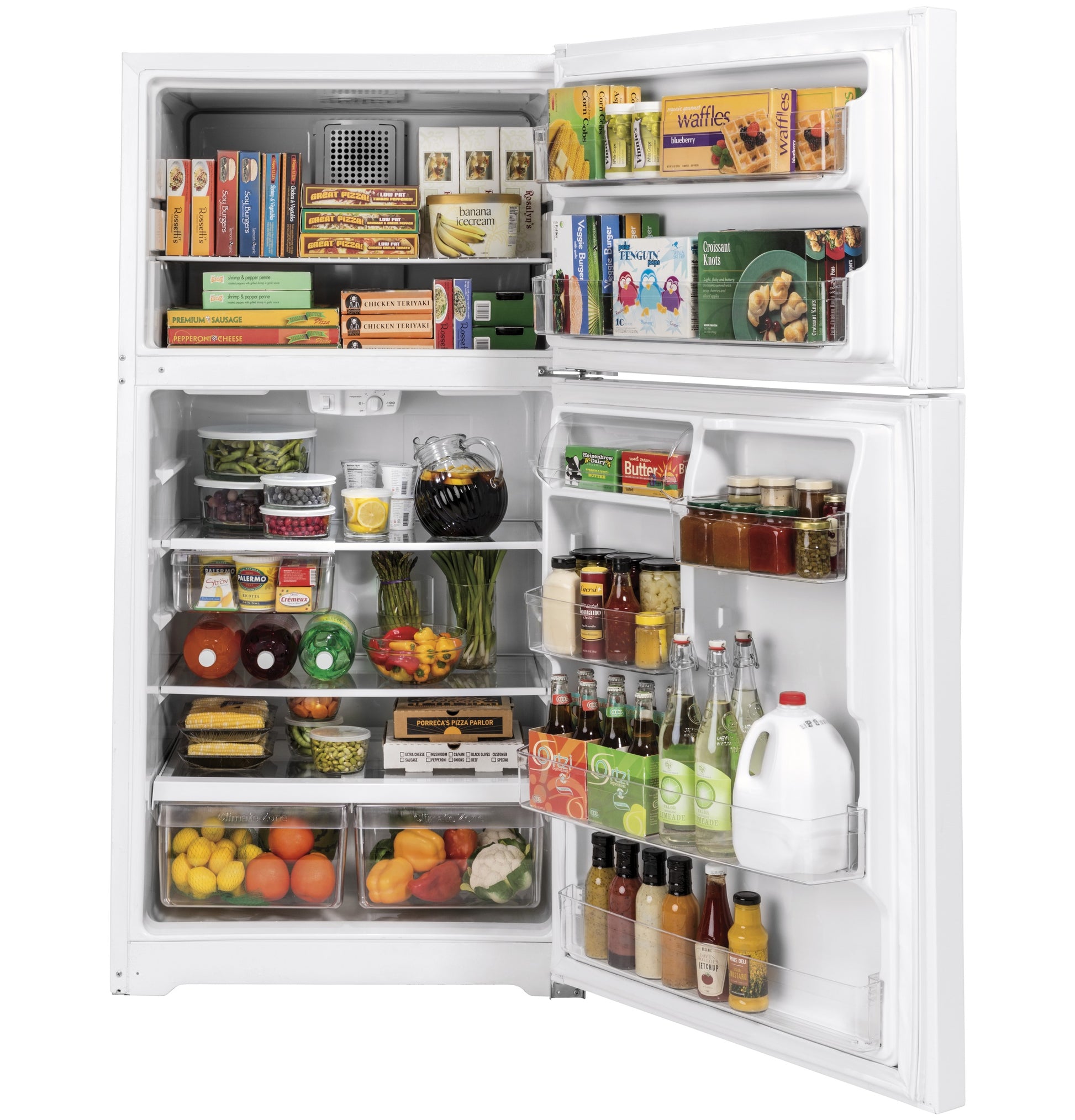 Open white top-freezer refrigerator stocked with groceries for Refrigerators and Kitchen & Kitchenware collections