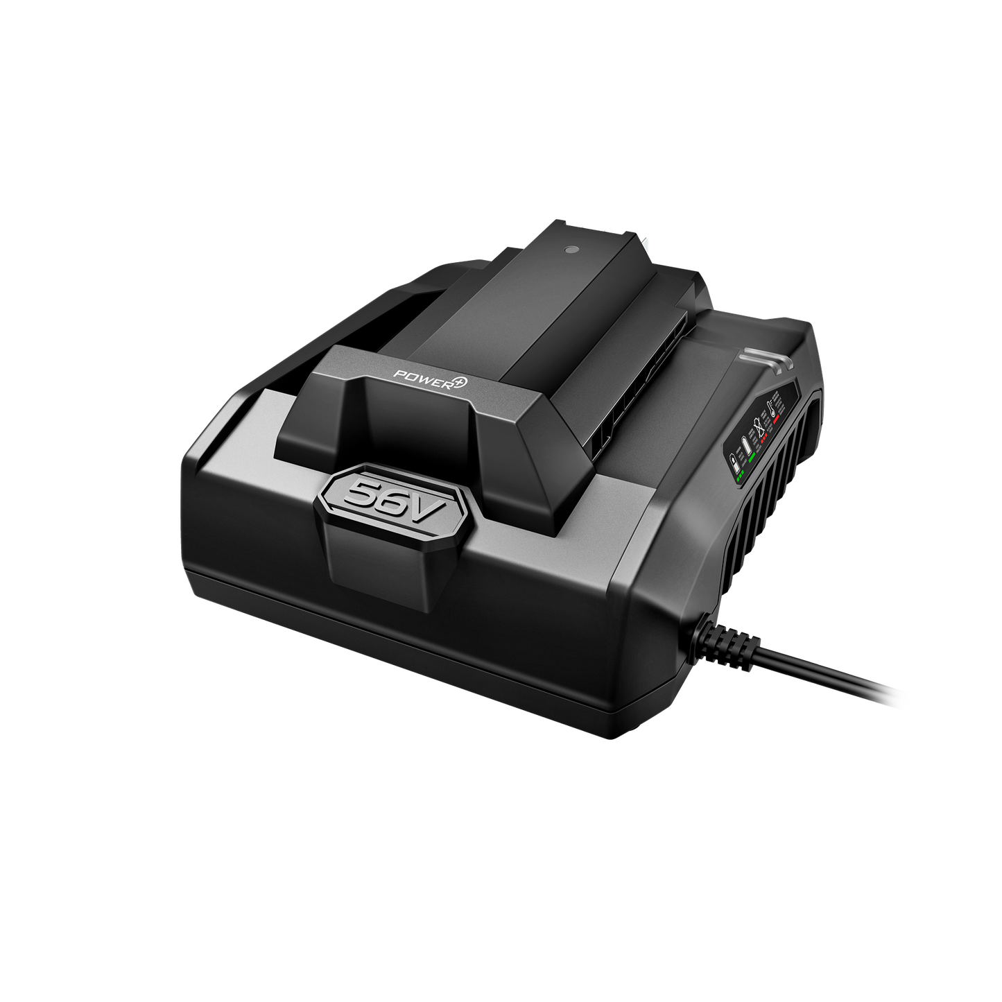 Black 56V battery charger with LED indicators for tools and home improvement equipment charging tasks