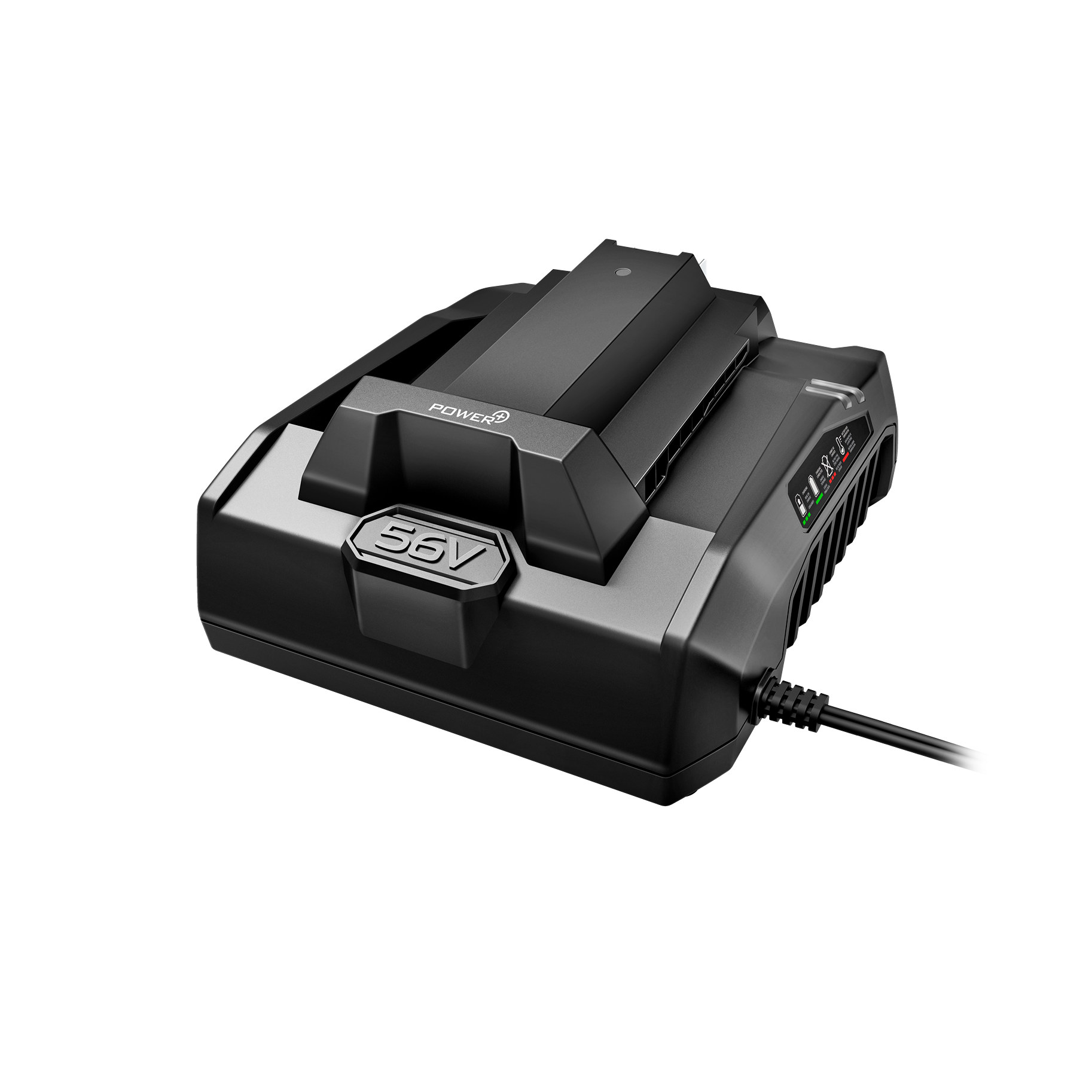 Black 56V battery charger with LED indicators for tools and home improvement equipment charging tasks