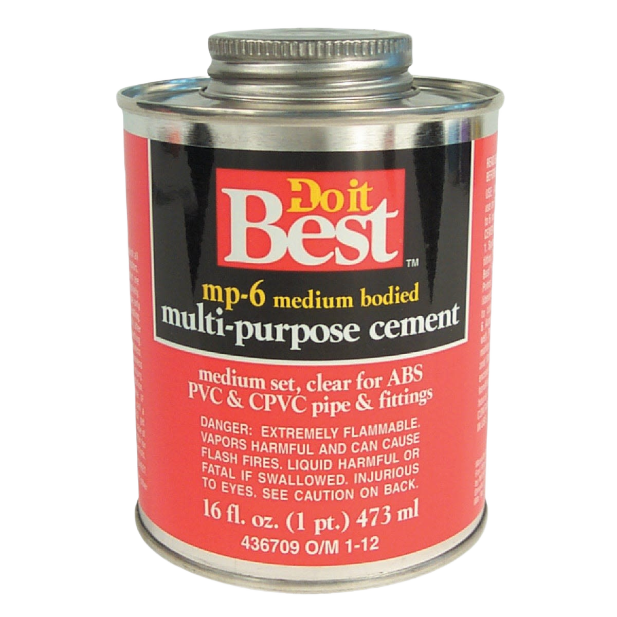 Can of clear medium bodied multi-purpose cement for PVC and ABS pipes in plumbing and home improvement collections