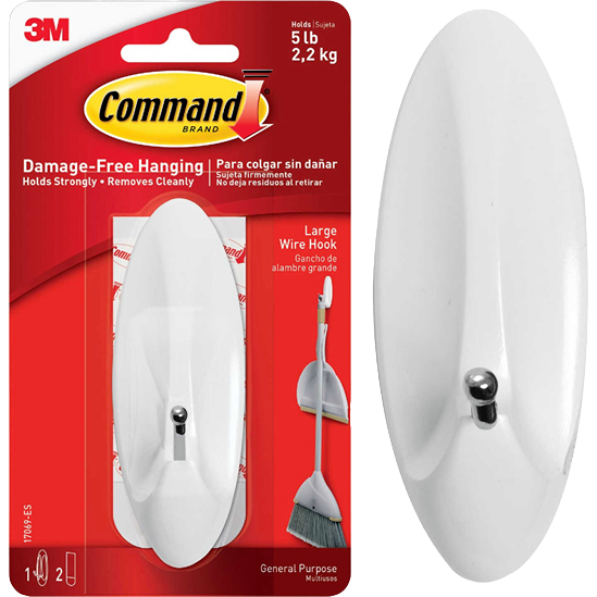 White large wire adhesive hook with metal peg on red backing for damage-free hanging in home improvement and hardware use