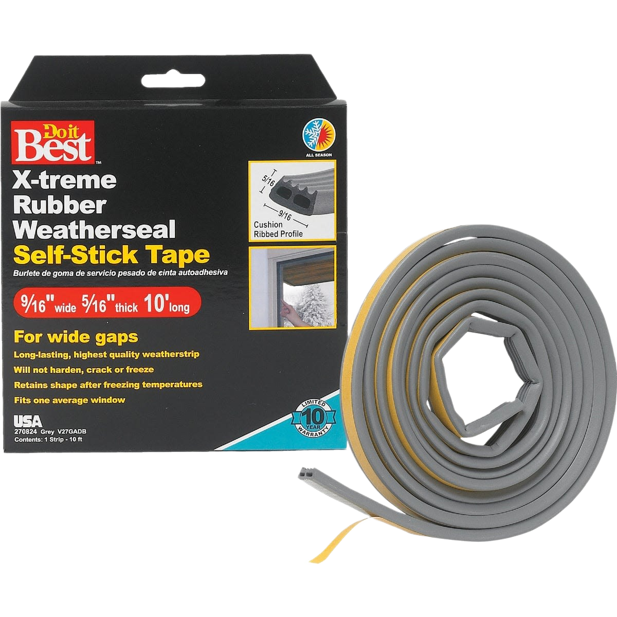 Gray ribbed weatherstrip tape roll with adhesive backing and packaging for home improvement hardware projects