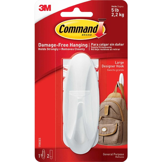 Large white adhesive hook for damage-free hanging with 5-pound capacity in hardware and fasteners collection
