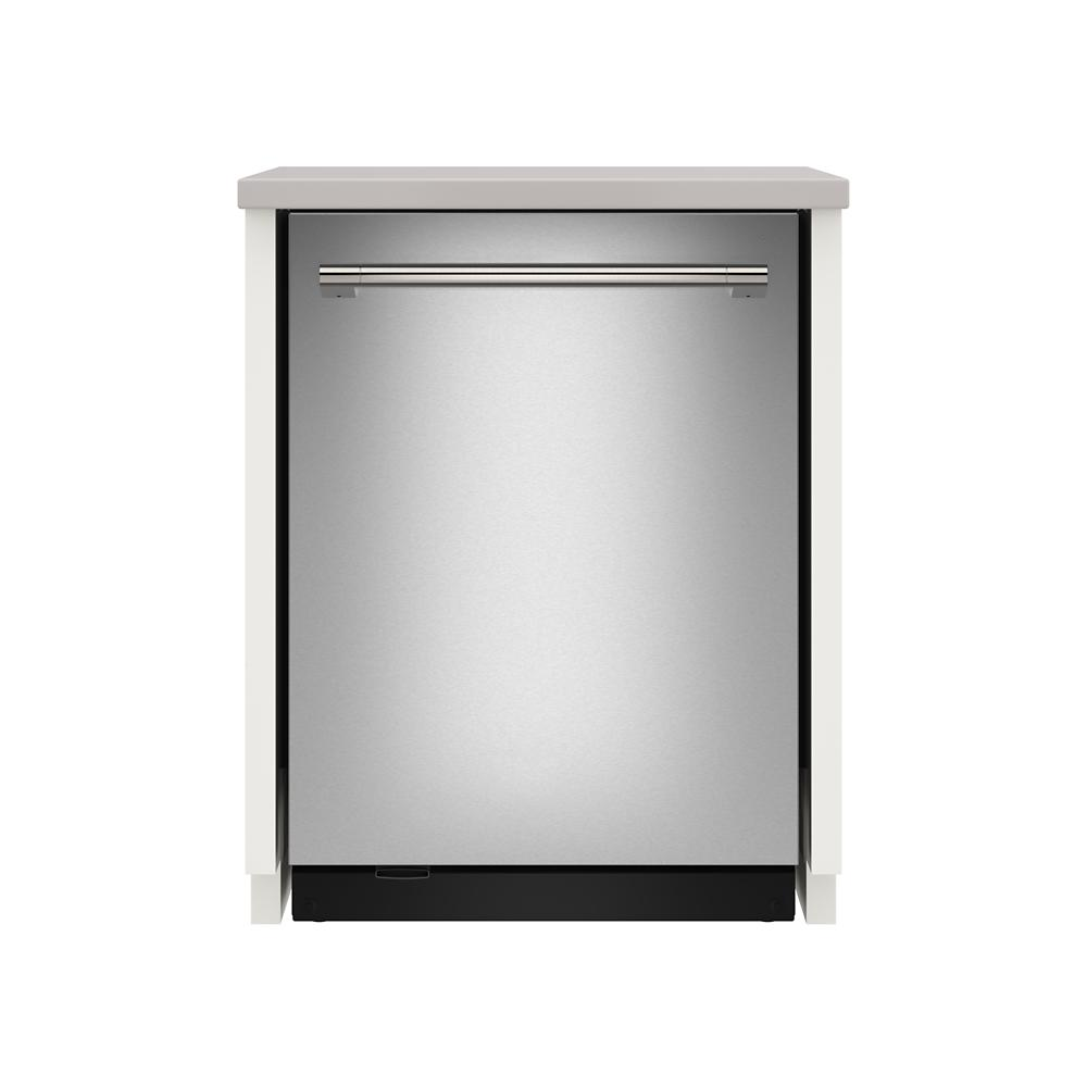 Front view of built-in stainless steel dishwasher with top control and modern minimalist design in kitchen setting