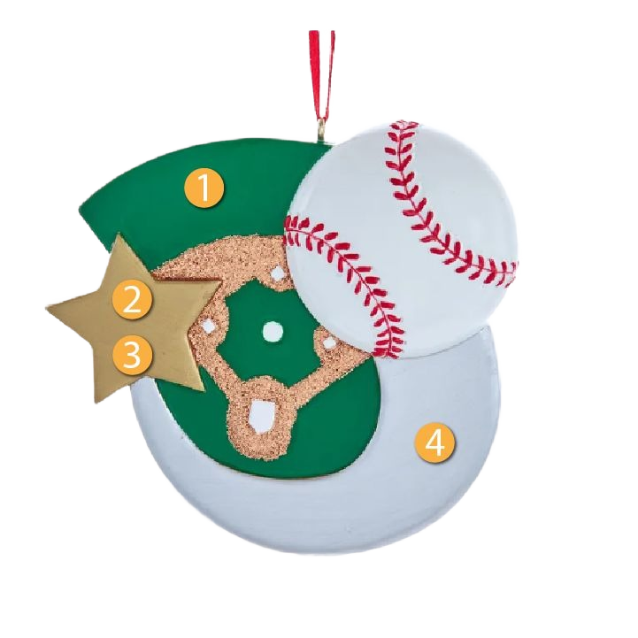 Holiday ornament featuring a baseball flying out of a stadium with star detail for Christmas tree decoration collections