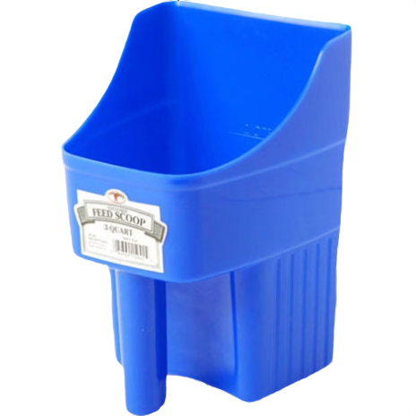 Blue enclosed plastic feed scoop with 3-quart capacity for tools and home improvement use