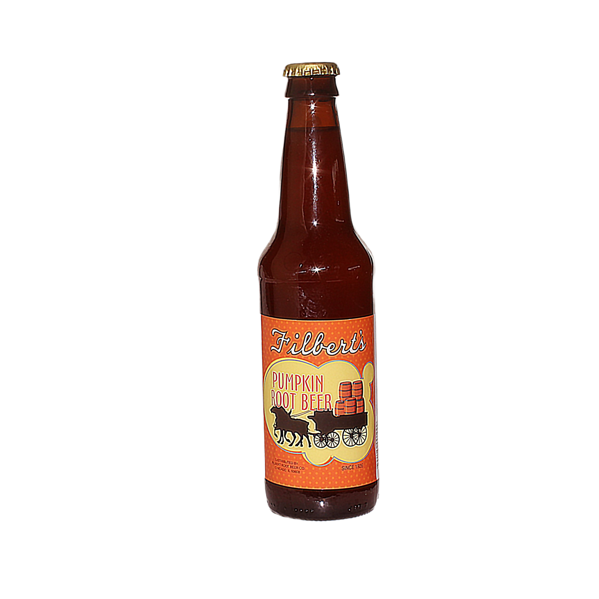 12 oz glass bottle of pumpkin-flavored root beer with vintage label in drinks and food & beverage collections