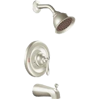 Brushed nickel tub and shower faucet trim with lever handle, suitable for bathroom and plumbing home improvement projects