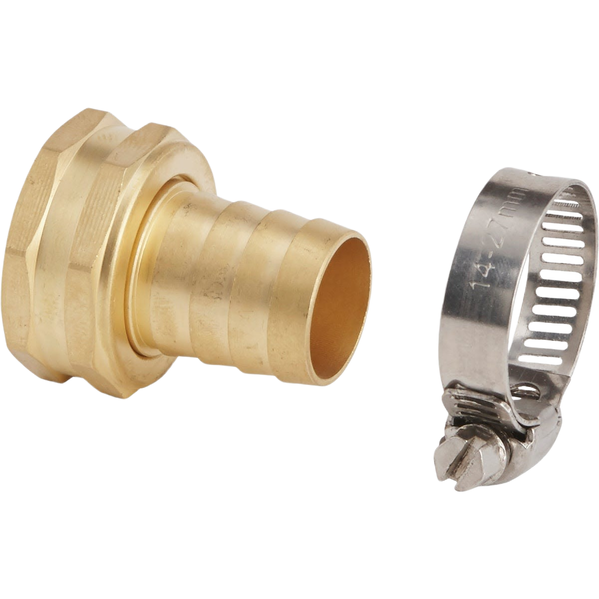 Female brass hose coupling with stainless steel clamp for watering and irrigation in lawn and garden projects under $50