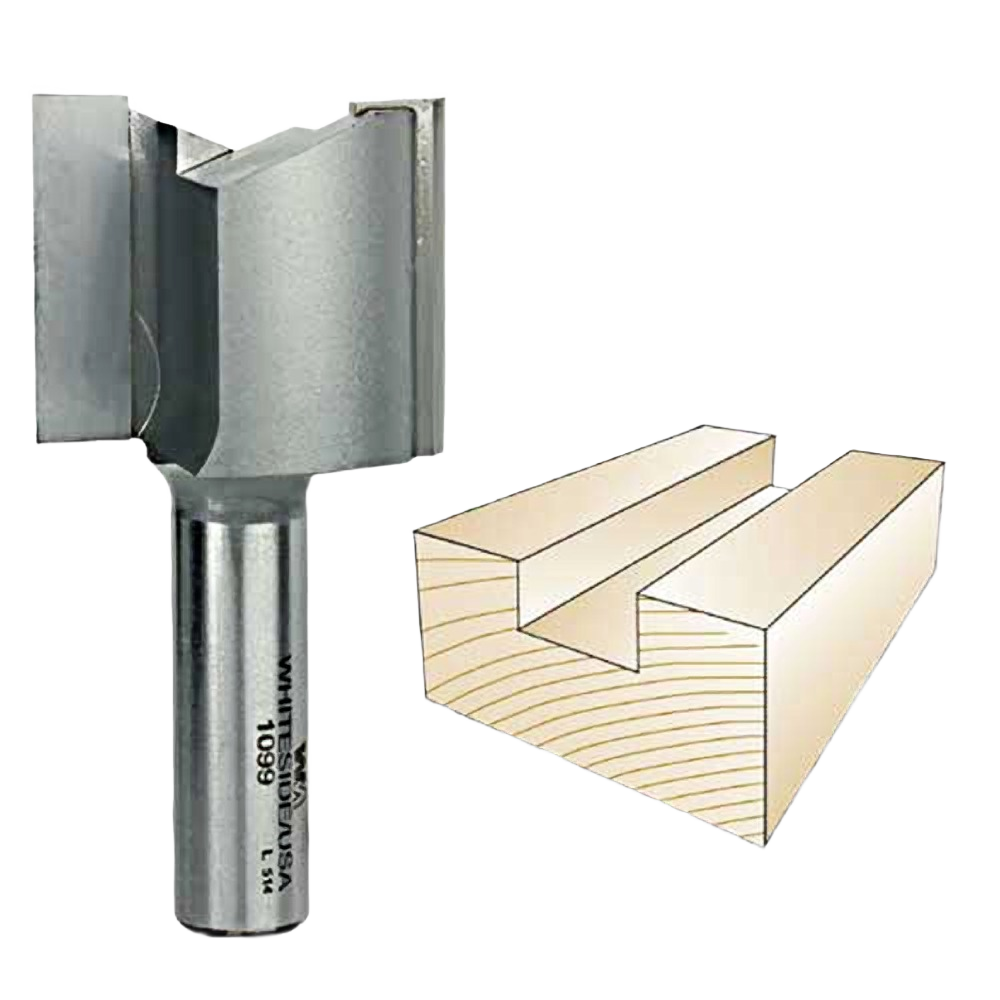 Carbide-tipped straight router bit with 1/2 in. shank alongside diagram of grooved wood for woodworking tools collection