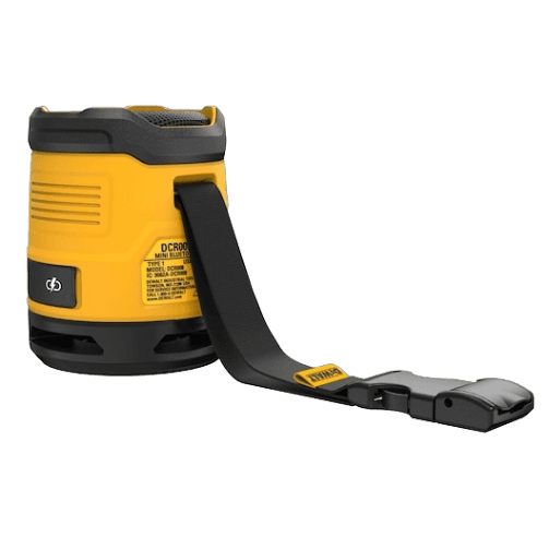 Yellow and black rechargeable mini Bluetooth speaker with built-in strap for portable use in tools and home improvement settings