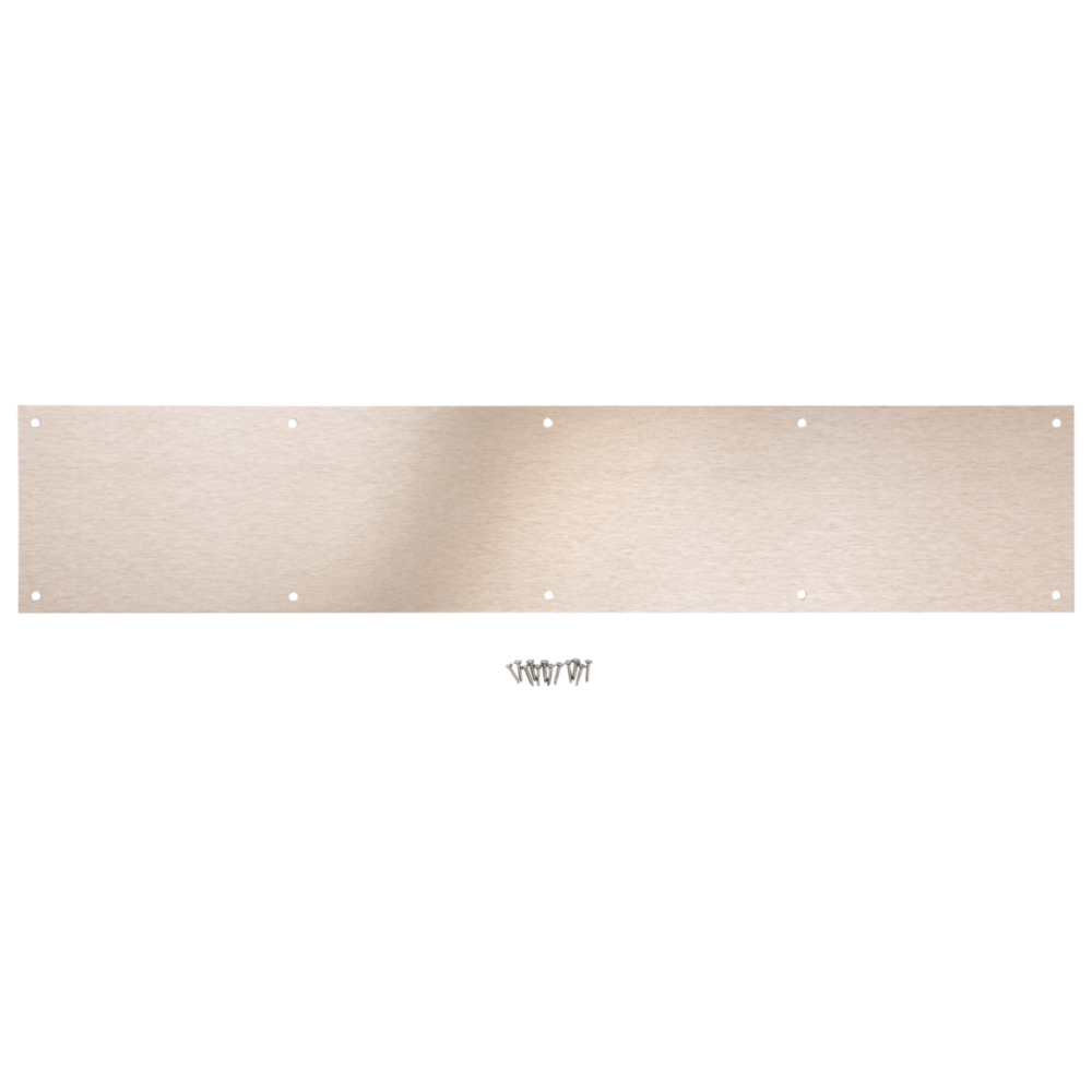 Satin nickel aluminum kickplate with mounting screws for door protection and decorative hardware in home improvement projects
