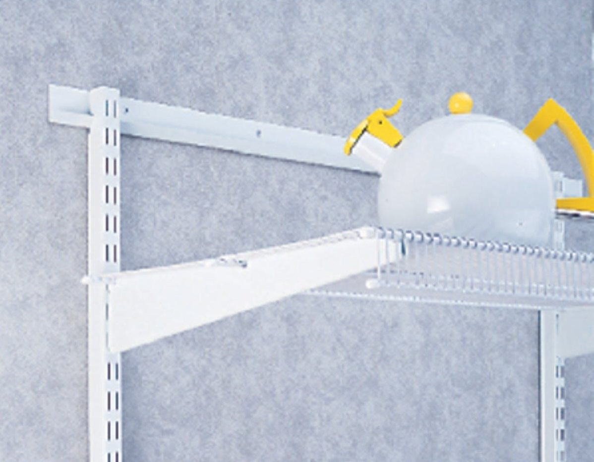 White metal twin shelf bracket supporting a ventilated shelf with a white and yellow kettle in a storage setup