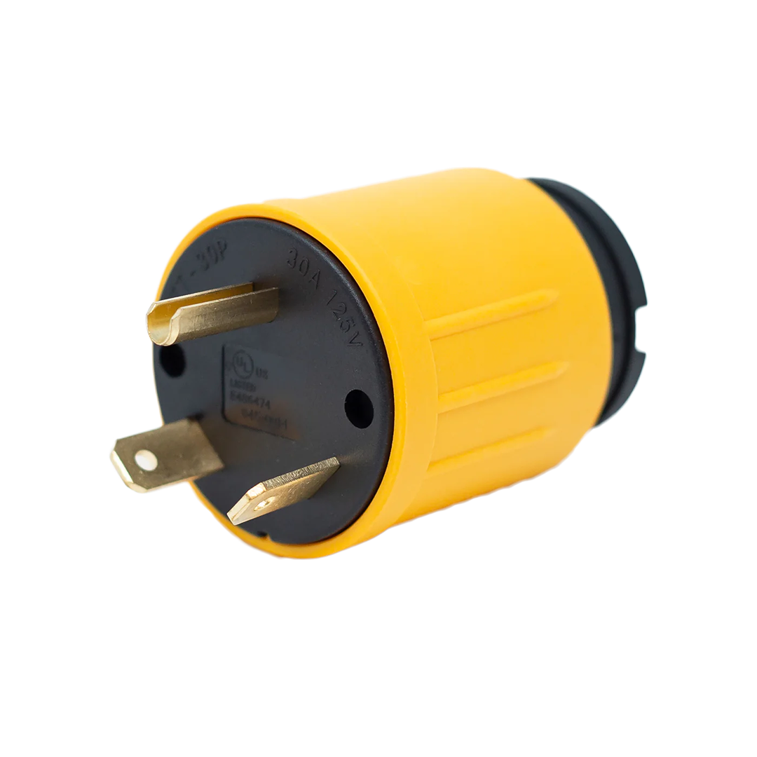 Yellow and black electrical adapter with three brass prongs for heavy-duty tools and home improvement applications