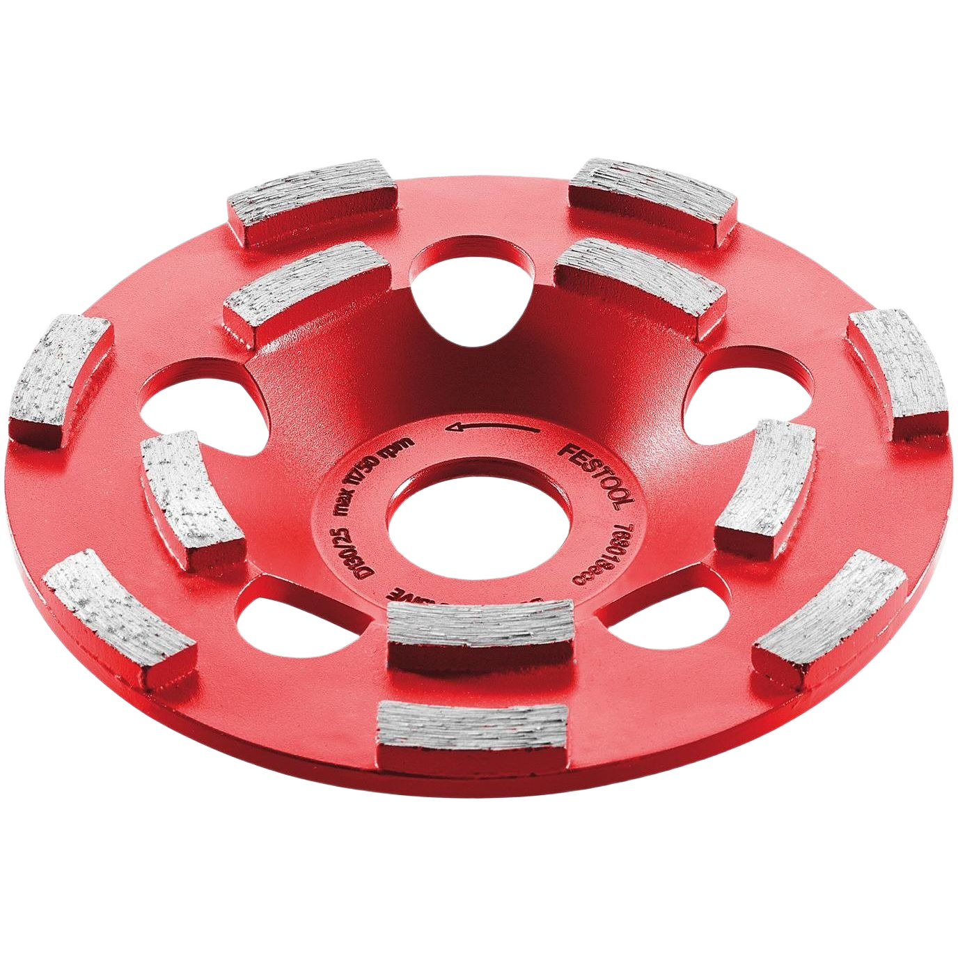 Red diamond grinding disc with segmented teeth for surface preparation in Festool grinder accessories and power tool collections