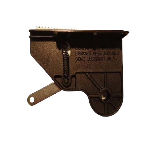 Black screw drive carriage with spring and metal lever for garage door opener in tools and home improvement use