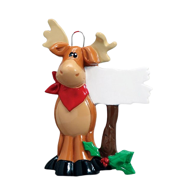 Festive moose ornament wearing red bandana standing next to blank sign with holly accent for Christmas decor under $50 collection