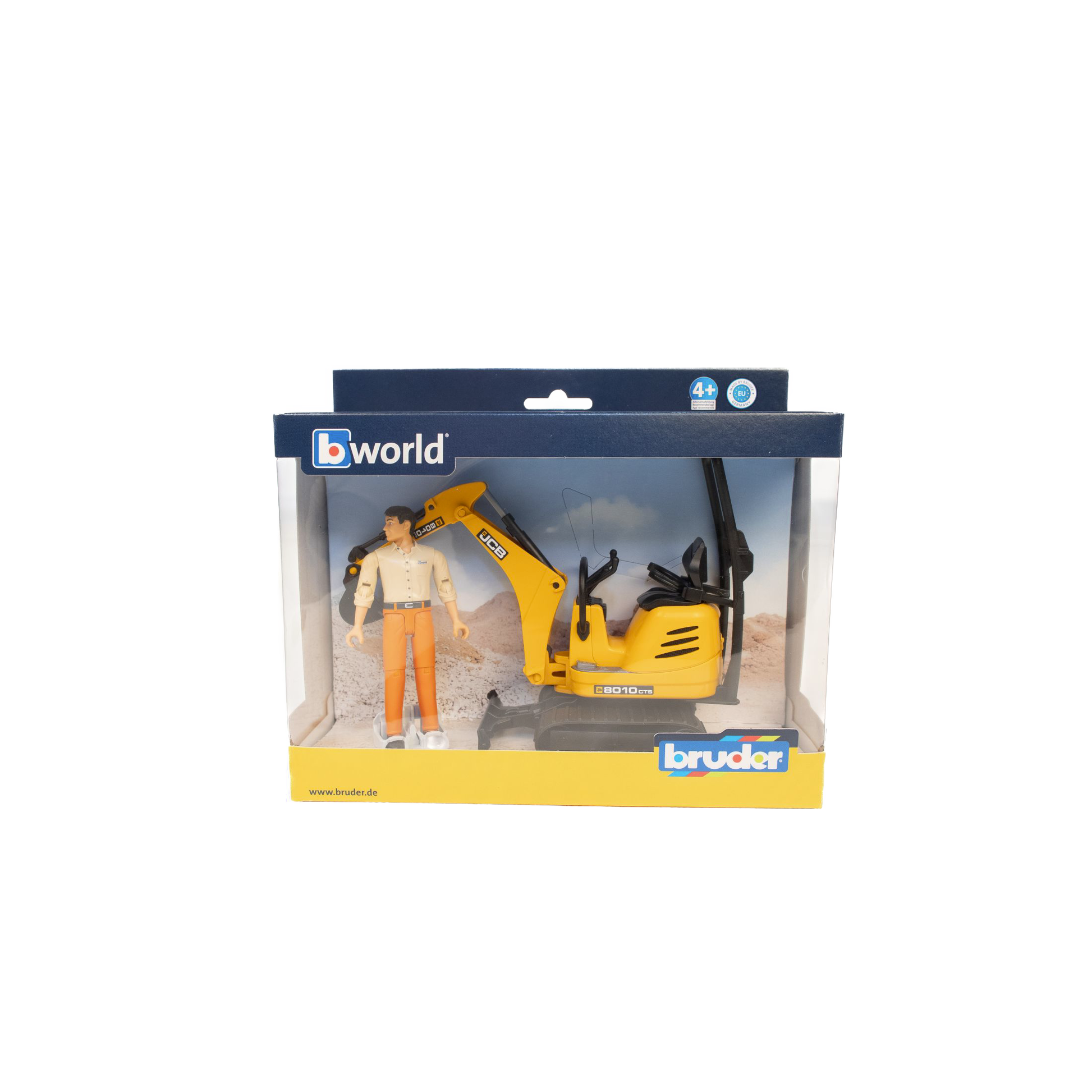 Miniature yellow Bruder JCB excavator toy with articulated arm and construction worker figure in packaging from toys collection