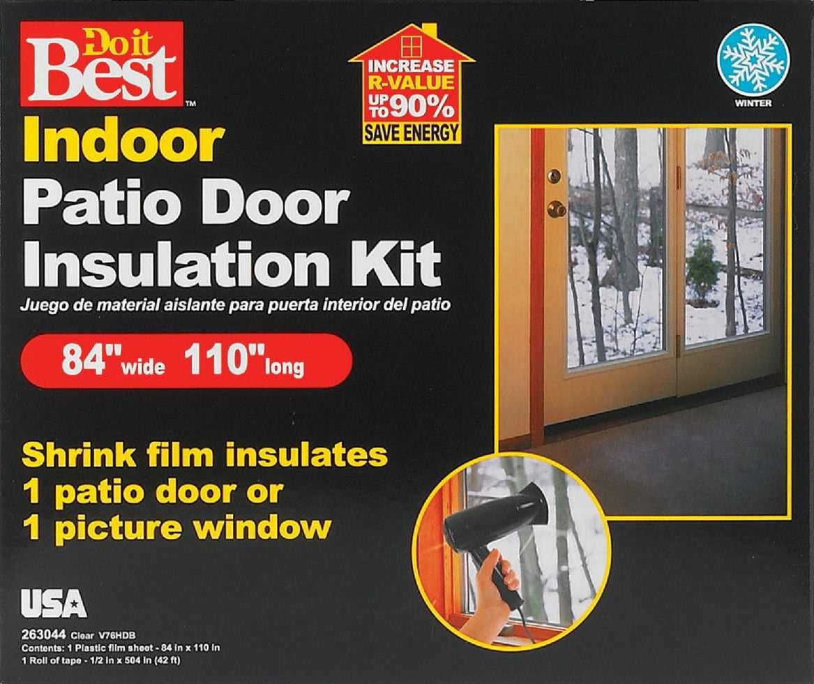 Indoor patio door insulation kit with clear shrink film for energy saving in home improvement and hardware collections