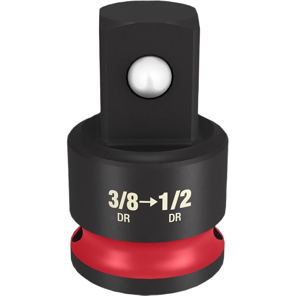 Black and red socket adapter for impact duty tools converting 3/8 inch drive to 1/2 inch drive in home improvement tasks