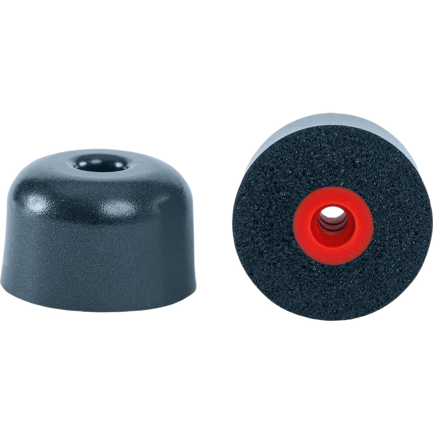 Pair of compact black foam ear plugs with red inner core for hearing protection and safety in hardware and tool accessories collections