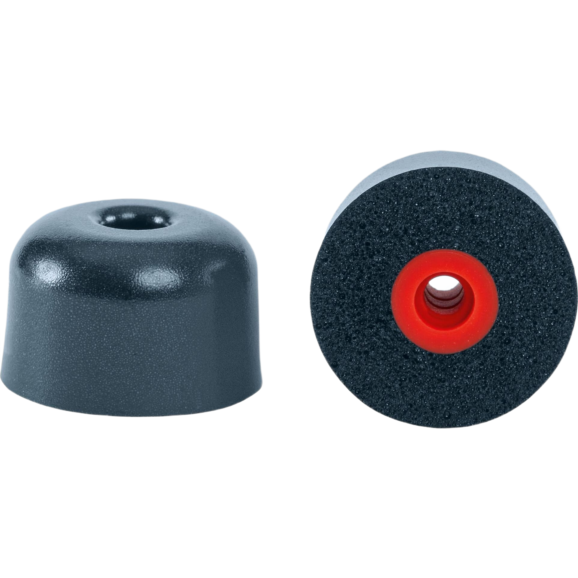 Pair of compact black foam ear plugs with red inner core for hearing protection and safety in hardware and tool accessories collections