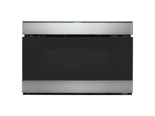 Front view of a stainless steel flat panel microwave drawer with black glass front in Microwaves collection