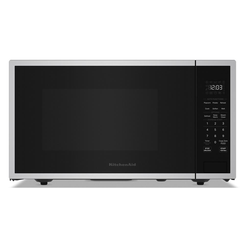 Stainless steel countertop microwave with digital control panel and air fry settings in kitchen appliances collection